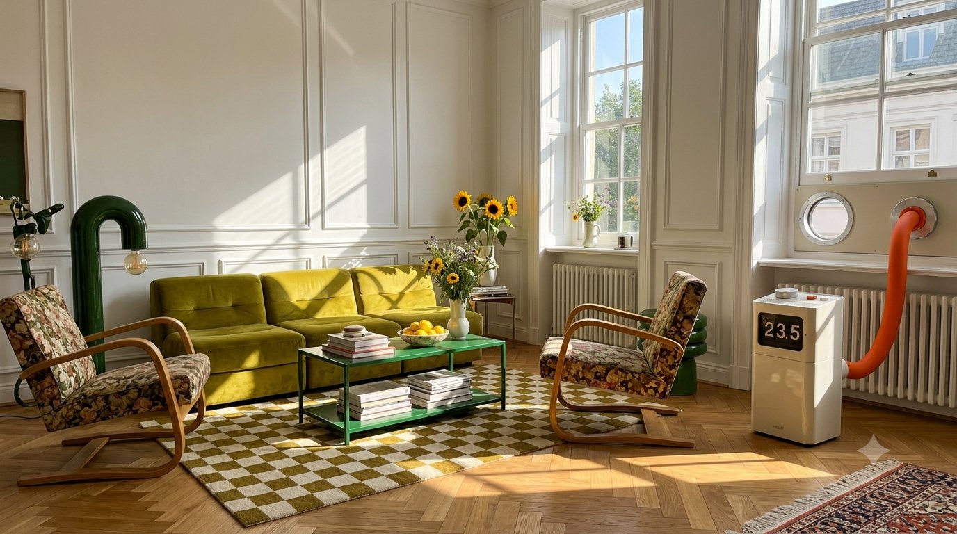 HELM One in Chalk standing proudly in a sunlit period living room, its signal-orange line running to a porthole panel fitted in the sash window