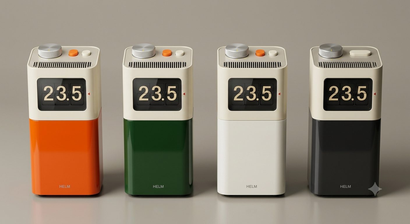 Four HELM One bodies in a row: Signal Orange, Lamp Green, Chalk and Fell Black, each with the cream deck and split-flap display