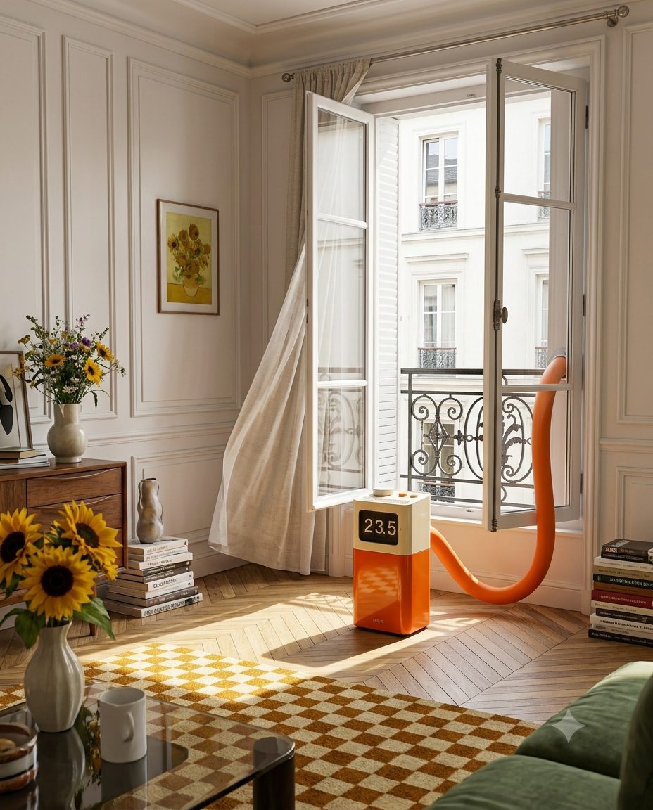 HELM One in Signal Orange beside open French windows, its orange line sweeping out over the balcony rail