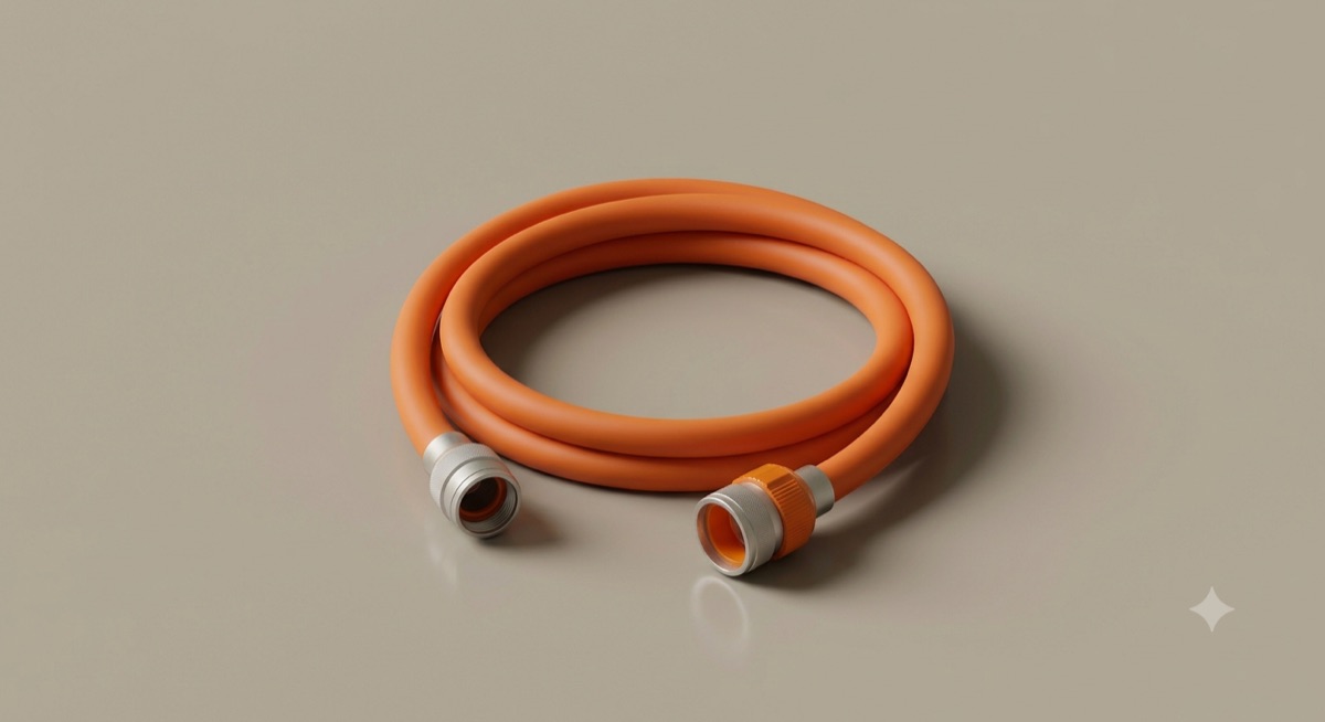 The Line — coiled signal-orange silicone hose with quarter-turn connectors at both ends